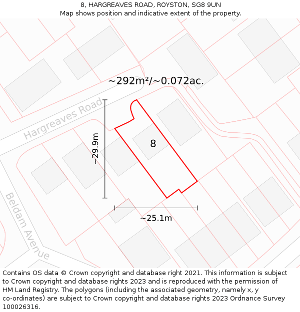 8, HARGREAVES ROAD, ROYSTON, SG8 9UN: Plot and title map