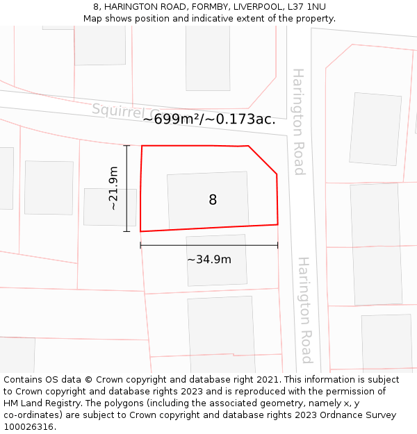 8, HARINGTON ROAD, FORMBY, LIVERPOOL, L37 1NU: Plot and title map
