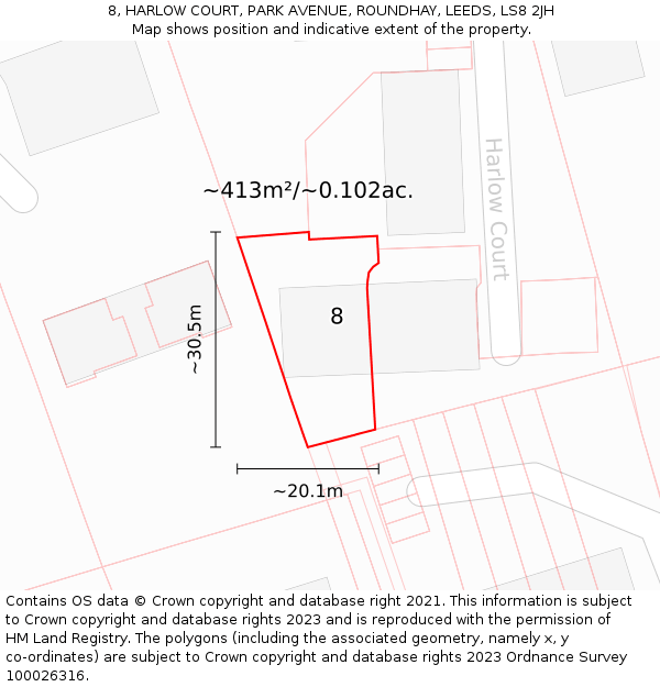 8, HARLOW COURT, PARK AVENUE, ROUNDHAY, LEEDS, LS8 2JH: Plot and title map