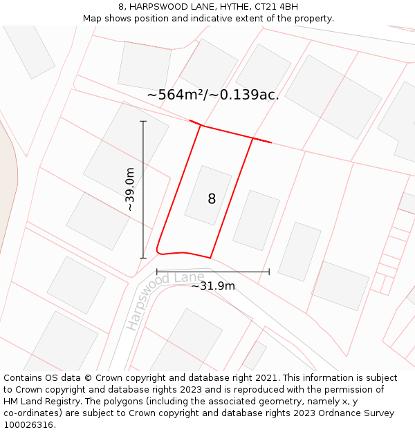 8, HARPSWOOD LANE, HYTHE, CT21 4BH: Plot and title map