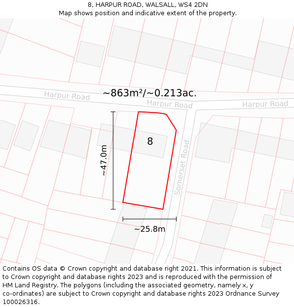 8, HARPUR ROAD, WALSALL, WS4 2DN: Plot and title map