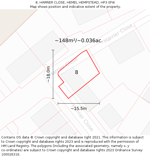 8, HARRIER CLOSE, HEMEL HEMPSTEAD, HP3 0FW: Plot and title map