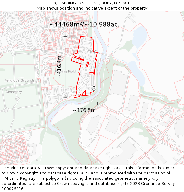 8, HARRINGTON CLOSE, BURY, BL9 9GH: Plot and title map