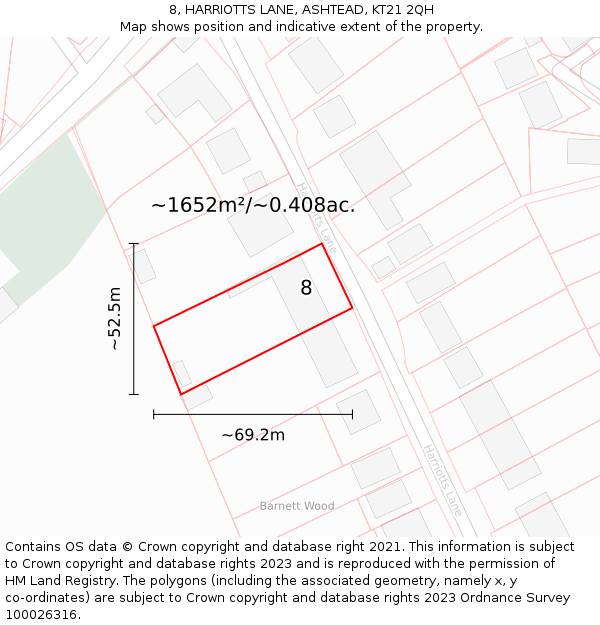 8, HARRIOTTS LANE, ASHTEAD, KT21 2QH: Plot and title map