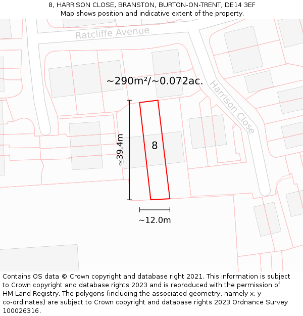 8, HARRISON CLOSE, BRANSTON, BURTON-ON-TRENT, DE14 3EF: Plot and title map