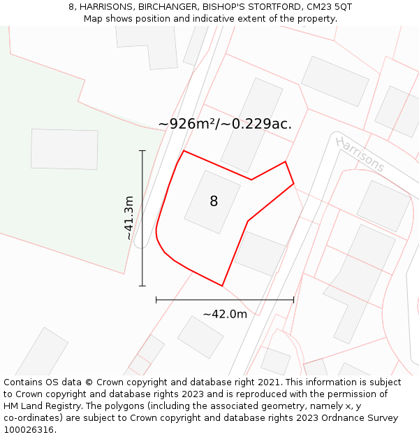 8, HARRISONS, BIRCHANGER, BISHOP'S STORTFORD, CM23 5QT: Plot and title map