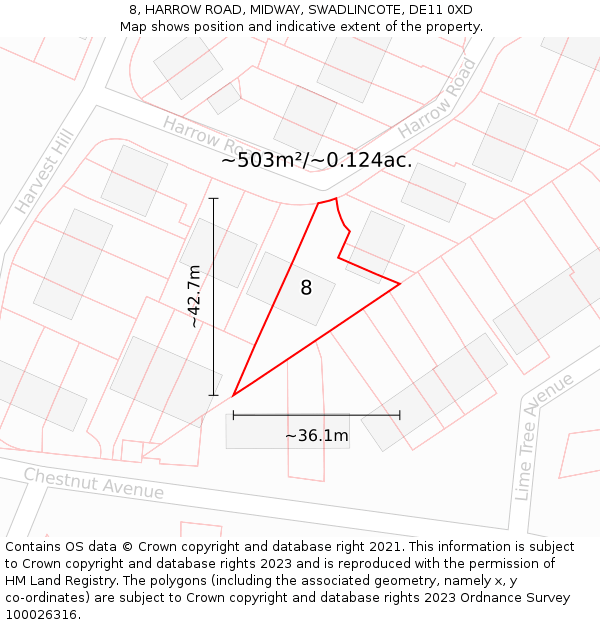 8, HARROW ROAD, MIDWAY, SWADLINCOTE, DE11 0XD: Plot and title map