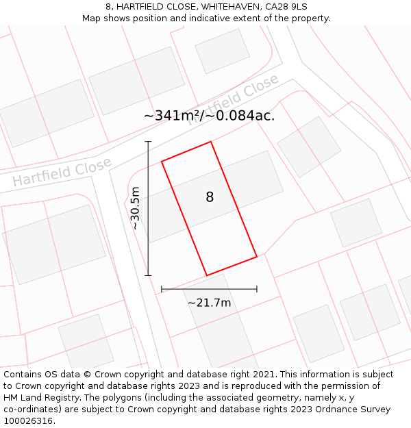 8, HARTFIELD CLOSE, WHITEHAVEN, CA28 9LS: Plot and title map