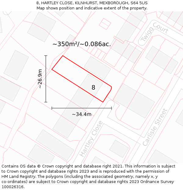 8, HARTLEY CLOSE, KILNHURST, MEXBOROUGH, S64 5US: Plot and title map