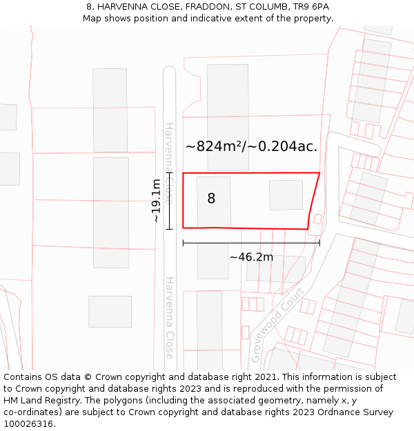 8, HARVENNA CLOSE, FRADDON, ST COLUMB, TR9 6PA: Plot and title map