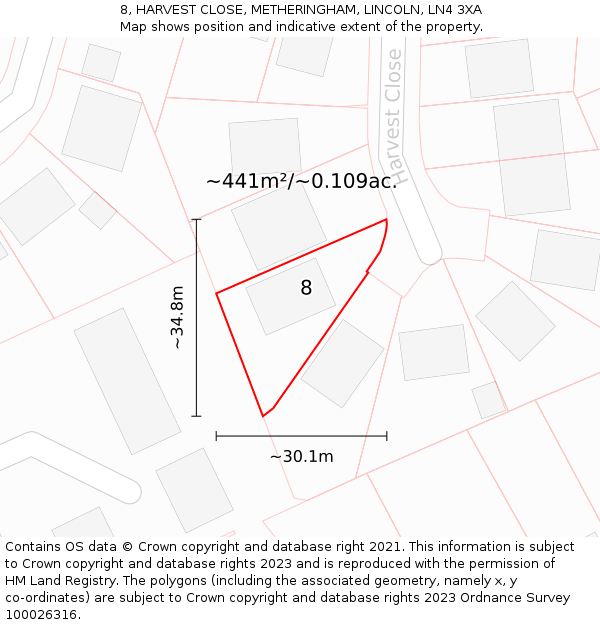 8, HARVEST CLOSE, METHERINGHAM, LINCOLN, LN4 3XA: Plot and title map