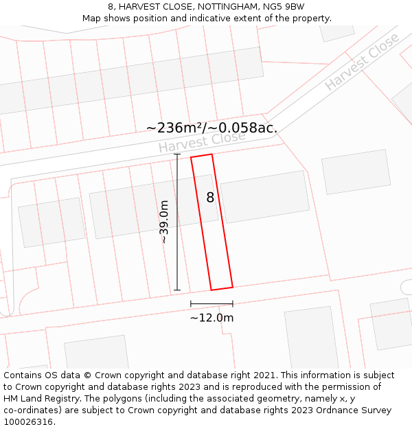 8, HARVEST CLOSE, NOTTINGHAM, NG5 9BW: Plot and title map