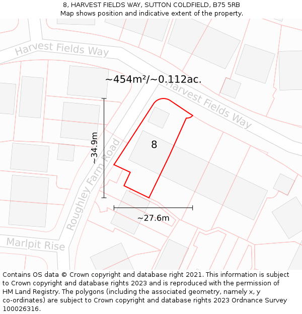 8, HARVEST FIELDS WAY, SUTTON COLDFIELD, B75 5RB: Plot and title map