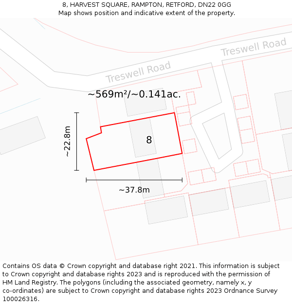 8, HARVEST SQUARE, RAMPTON, RETFORD, DN22 0GG: Plot and title map