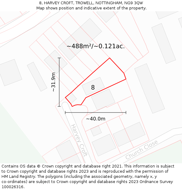 8, HARVEY CROFT, TROWELL, NOTTINGHAM, NG9 3QW: Plot and title map