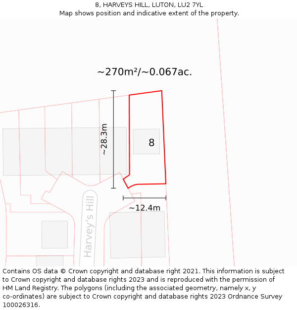 8, HARVEYS HILL, LUTON, LU2 7YL: Plot and title map