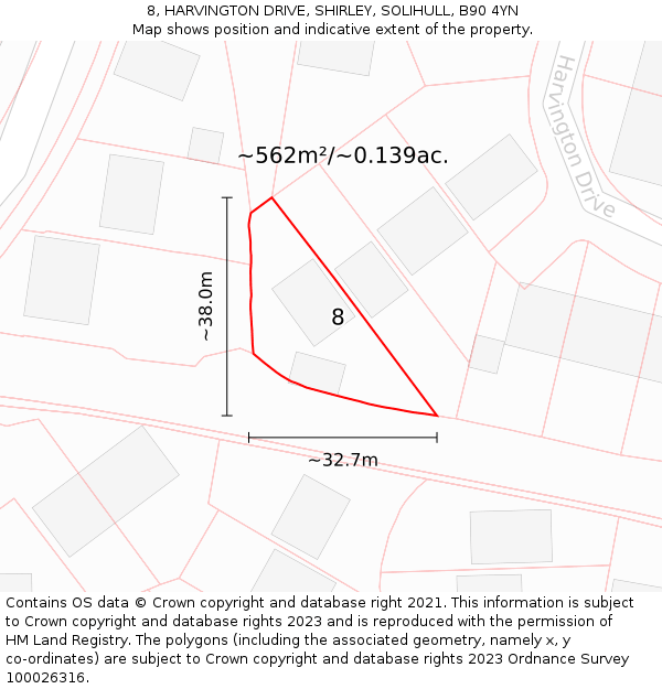 8, HARVINGTON DRIVE, SHIRLEY, SOLIHULL, B90 4YN: Plot and title map