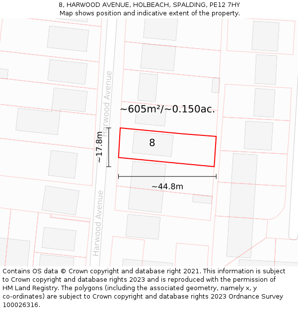 8, HARWOOD AVENUE, HOLBEACH, SPALDING, PE12 7HY: Plot and title map