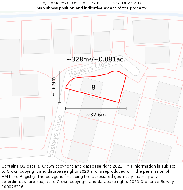 8, HASKEYS CLOSE, ALLESTREE, DERBY, DE22 2TD: Plot and title map