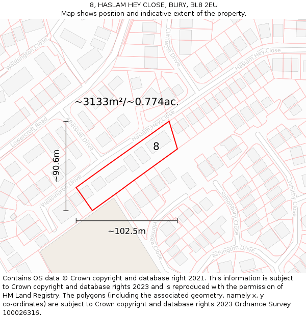8, HASLAM HEY CLOSE, BURY, BL8 2EU: Plot and title map
