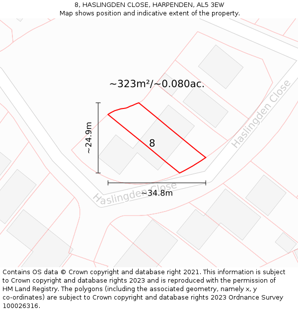 8, HASLINGDEN CLOSE, HARPENDEN, AL5 3EW: Plot and title map
