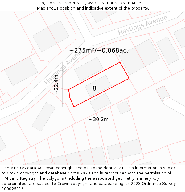 8, HASTINGS AVENUE, WARTON, PRESTON, PR4 1YZ: Plot and title map
