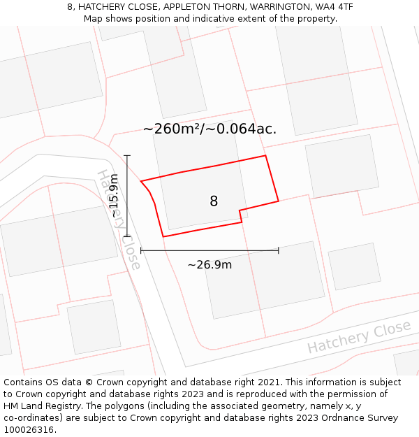 8, HATCHERY CLOSE, APPLETON THORN, WARRINGTON, WA4 4TF: Plot and title map