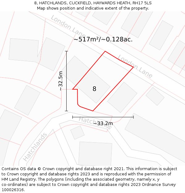 8, HATCHLANDS, CUCKFIELD, HAYWARDS HEATH, RH17 5LS: Plot and title map