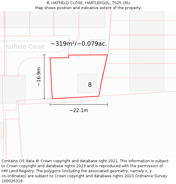 8, HATFIELD CLOSE, HARTLEPOOL, TS25 1RU: Plot and title map