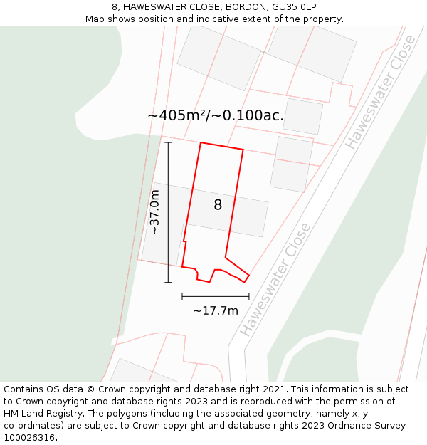 8, HAWESWATER CLOSE, BORDON, GU35 0LP: Plot and title map