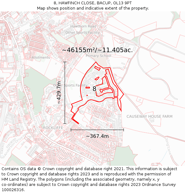 8, HAWFINCH CLOSE, BACUP, OL13 9PT: Plot and title map