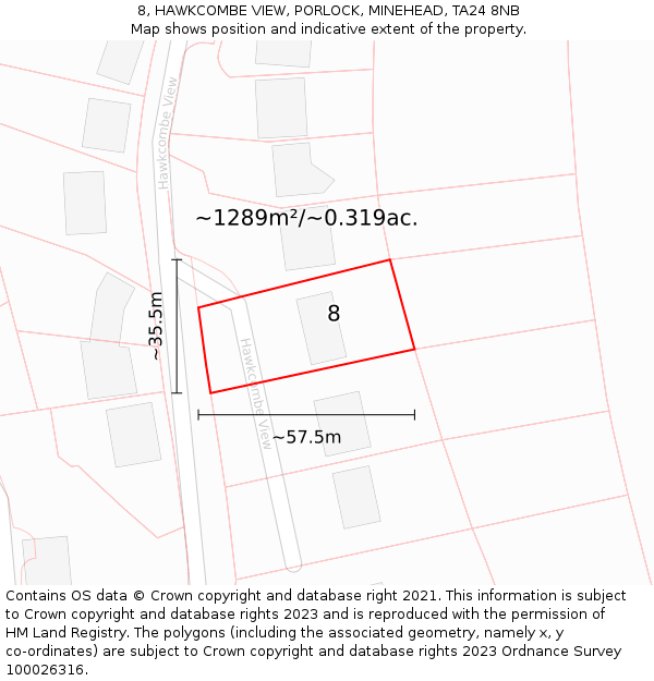 8, HAWKCOMBE VIEW, PORLOCK, MINEHEAD, TA24 8NB: Plot and title map