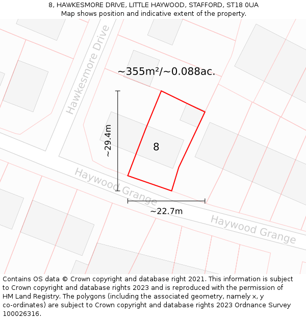8, HAWKESMORE DRIVE, LITTLE HAYWOOD, STAFFORD, ST18 0UA: Plot and title map