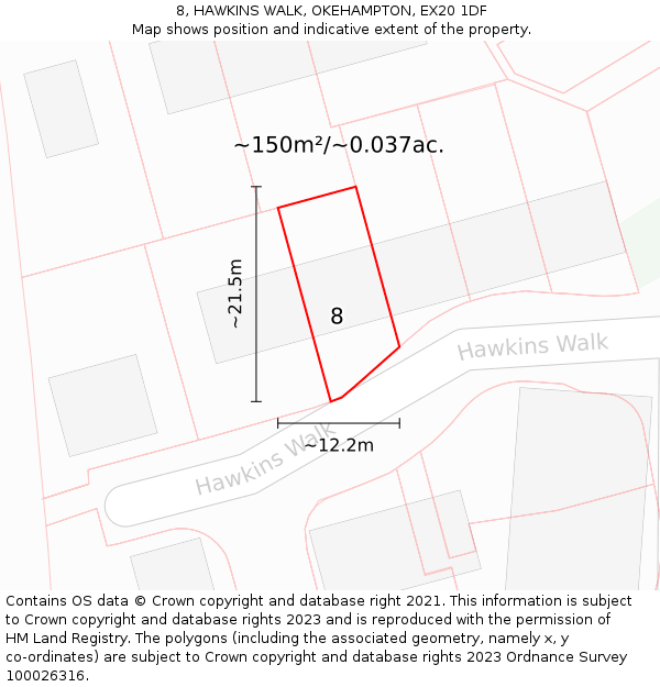 8, HAWKINS WALK, OKEHAMPTON, EX20 1DF: Plot and title map