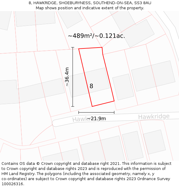 8, HAWKRIDGE, SHOEBURYNESS, SOUTHEND-ON-SEA, SS3 8AU: Plot and title map