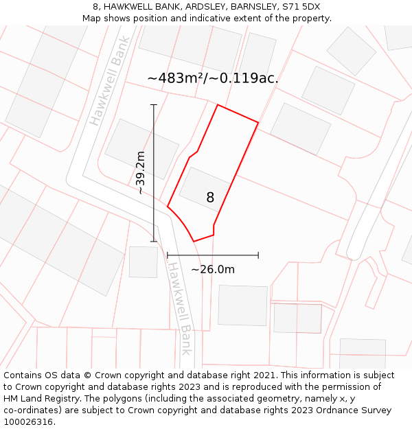 8, HAWKWELL BANK, ARDSLEY, BARNSLEY, S71 5DX: Plot and title map