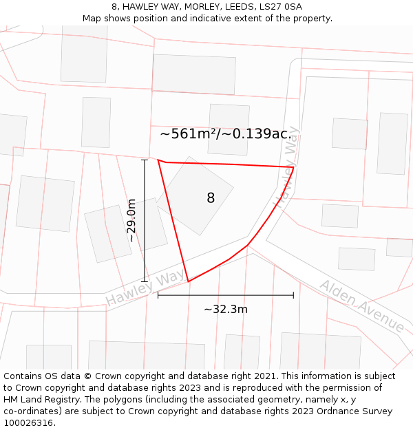 8, HAWLEY WAY, MORLEY, LEEDS, LS27 0SA: Plot and title map