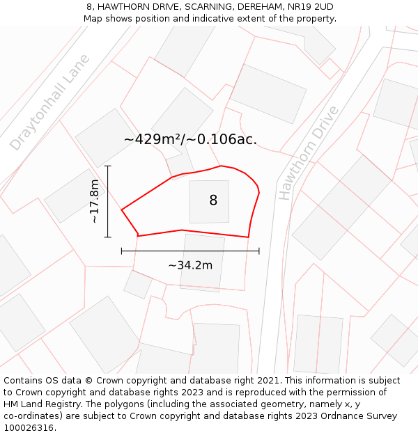 8, HAWTHORN DRIVE, SCARNING, DEREHAM, NR19 2UD: Plot and title map
