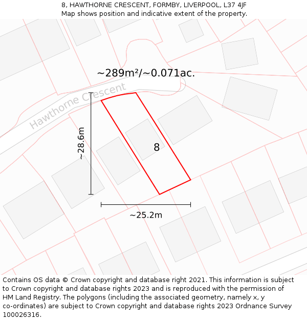 8, HAWTHORNE CRESCENT, FORMBY, LIVERPOOL, L37 4JF: Plot and title map