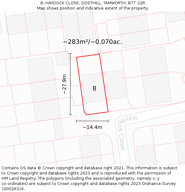 8, HAYDOCK CLOSE, DOSTHILL, TAMWORTH, B77 1QR: Plot and title map