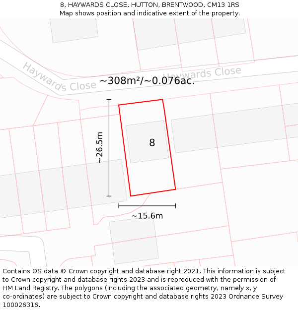 8, HAYWARDS CLOSE, HUTTON, BRENTWOOD, CM13 1RS: Plot and title map
