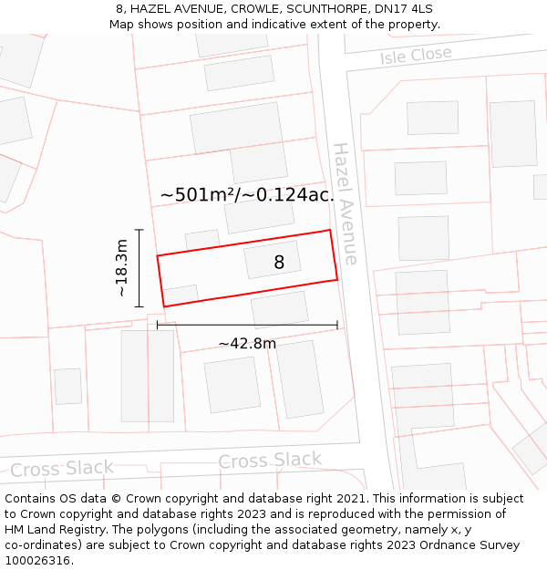 8, HAZEL AVENUE, CROWLE, SCUNTHORPE, DN17 4LS: Plot and title map