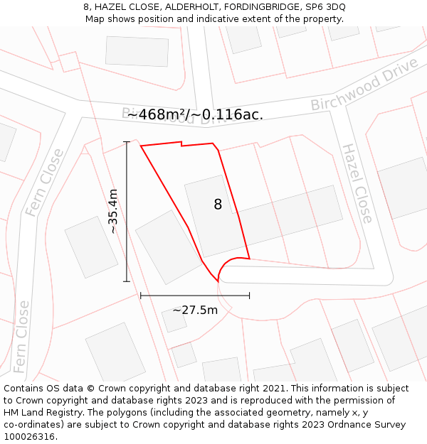 8, HAZEL CLOSE, ALDERHOLT, FORDINGBRIDGE, SP6 3DQ: Plot and title map