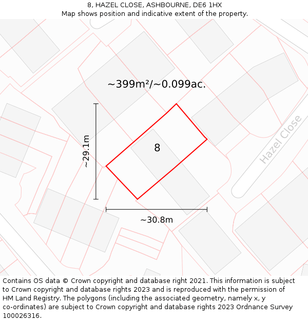 8, HAZEL CLOSE, ASHBOURNE, DE6 1HX: Plot and title map