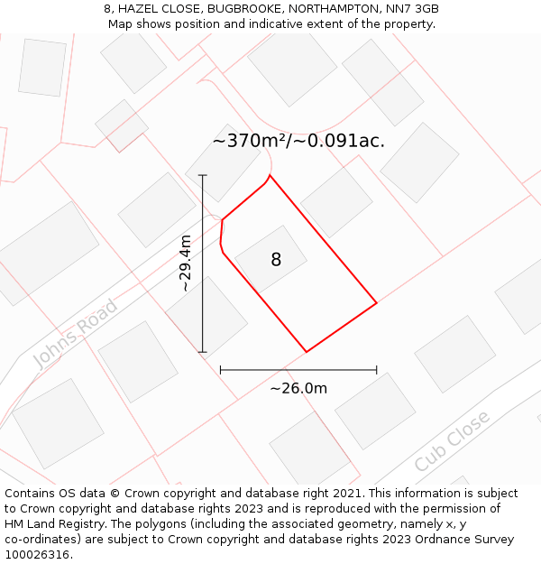 8, HAZEL CLOSE, BUGBROOKE, NORTHAMPTON, NN7 3GB: Plot and title map