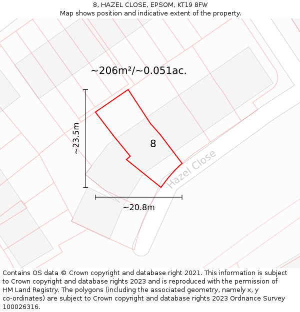 8, HAZEL CLOSE, EPSOM, KT19 8FW: Plot and title map