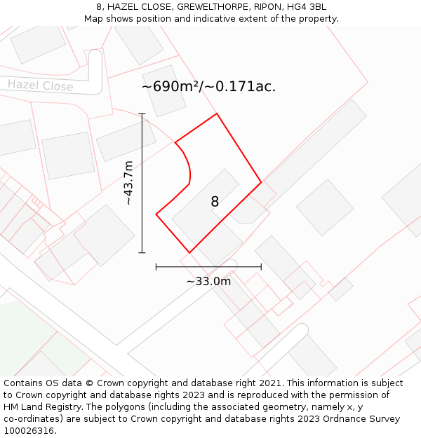 8, HAZEL CLOSE, GREWELTHORPE, RIPON, HG4 3BL: Plot and title map