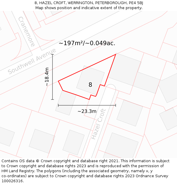 8, HAZEL CROFT, WERRINGTON, PETERBOROUGH, PE4 5BJ: Plot and title map