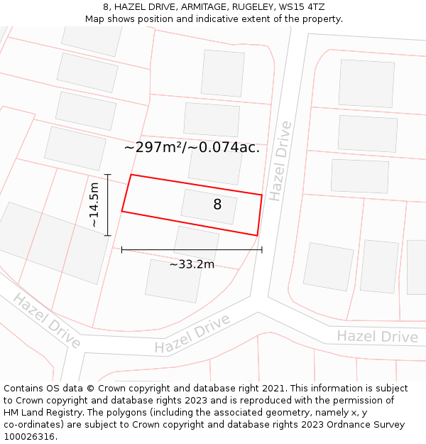 8, HAZEL DRIVE, ARMITAGE, RUGELEY, WS15 4TZ: Plot and title map