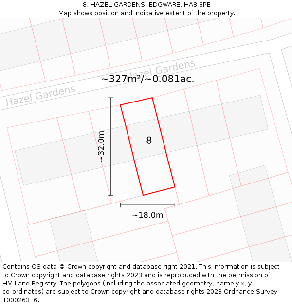 8, HAZEL GARDENS, EDGWARE, HA8 8PE: Plot and title map